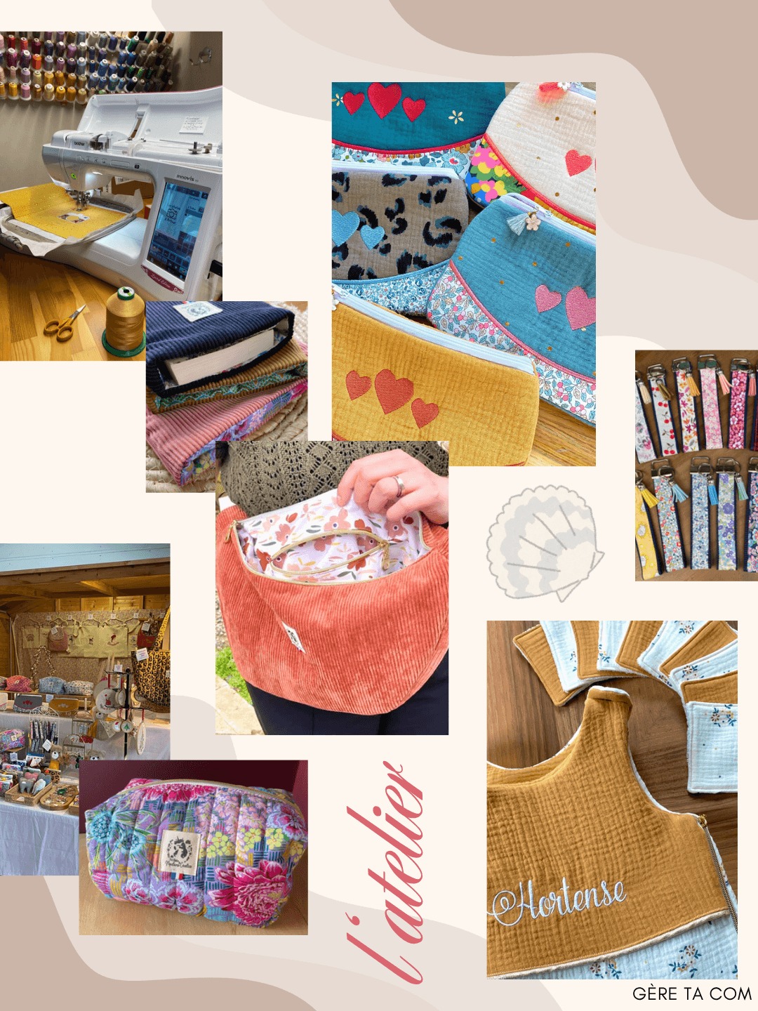 Moodboard d'un atelier de couture : trousses, sacs et créations textiles faits main