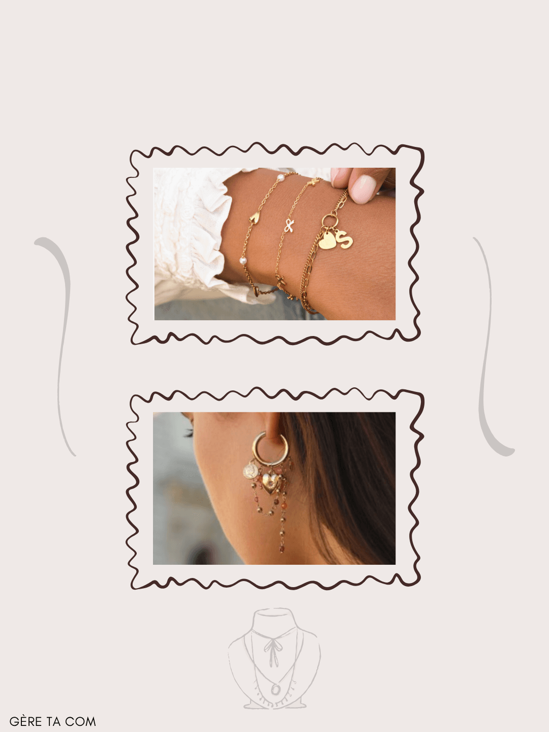 Visuel élégant présentant des bijoux dorés dans des cadres ondulés
