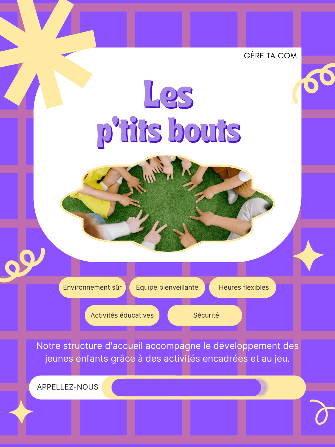 Publication colorée pour une crèche « Les p'tits bouts » présentant ses atouts