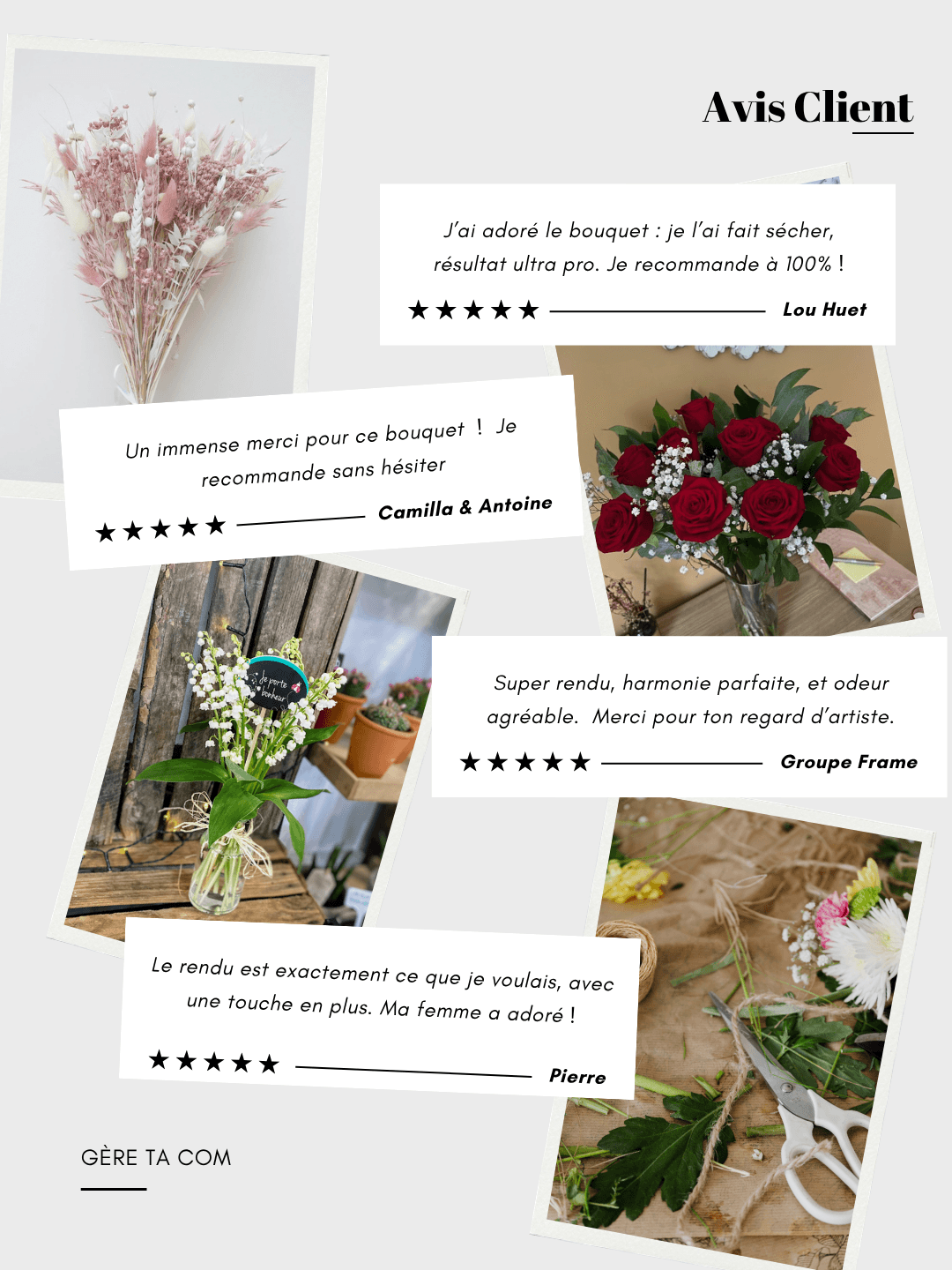 Carrousel d'avis clients cinq étoiles pour une fleuriste, avec photos de bouquets