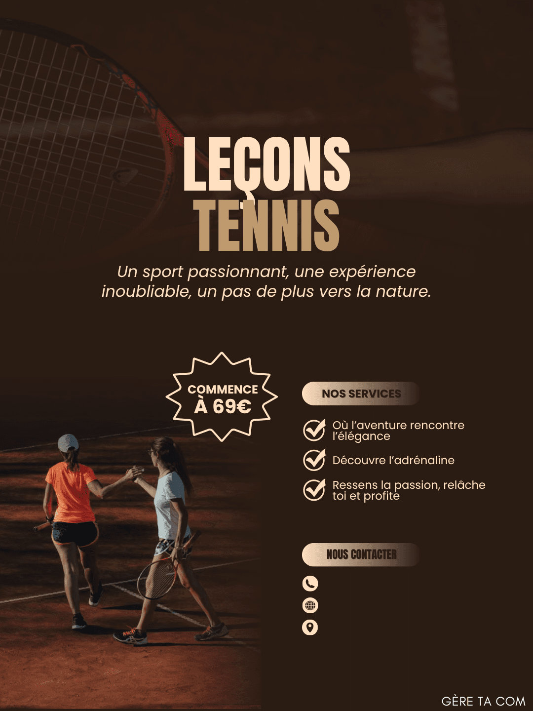 Flyer promotionnel pour des leçons de tennis à partir de 69 €